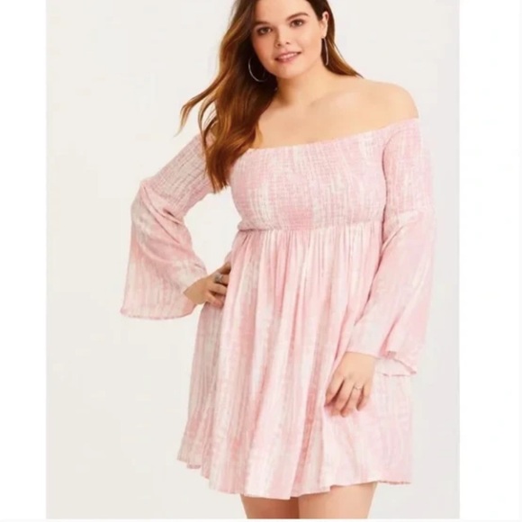Torrid Pink Off-Shoulder Smocked Long Sleeve Dress Flutter Sleeve - Picture 1 of 7